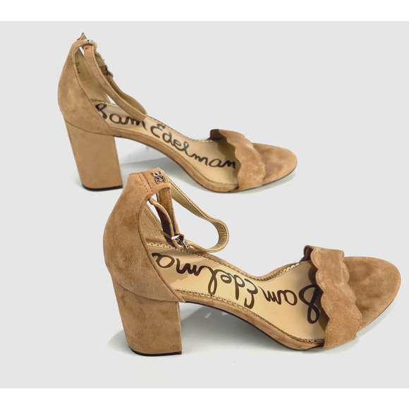 Sam Edelman Odila Scalloped Block Heel Neutral Suede Sandals Classic Taupe 10.5M - Picture 8 of 10